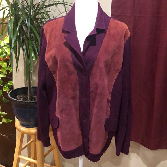 Jones NY Brown Suede Sweater Jacket Plum Knit Back and Sleeves 1X - Picture 2 of 6